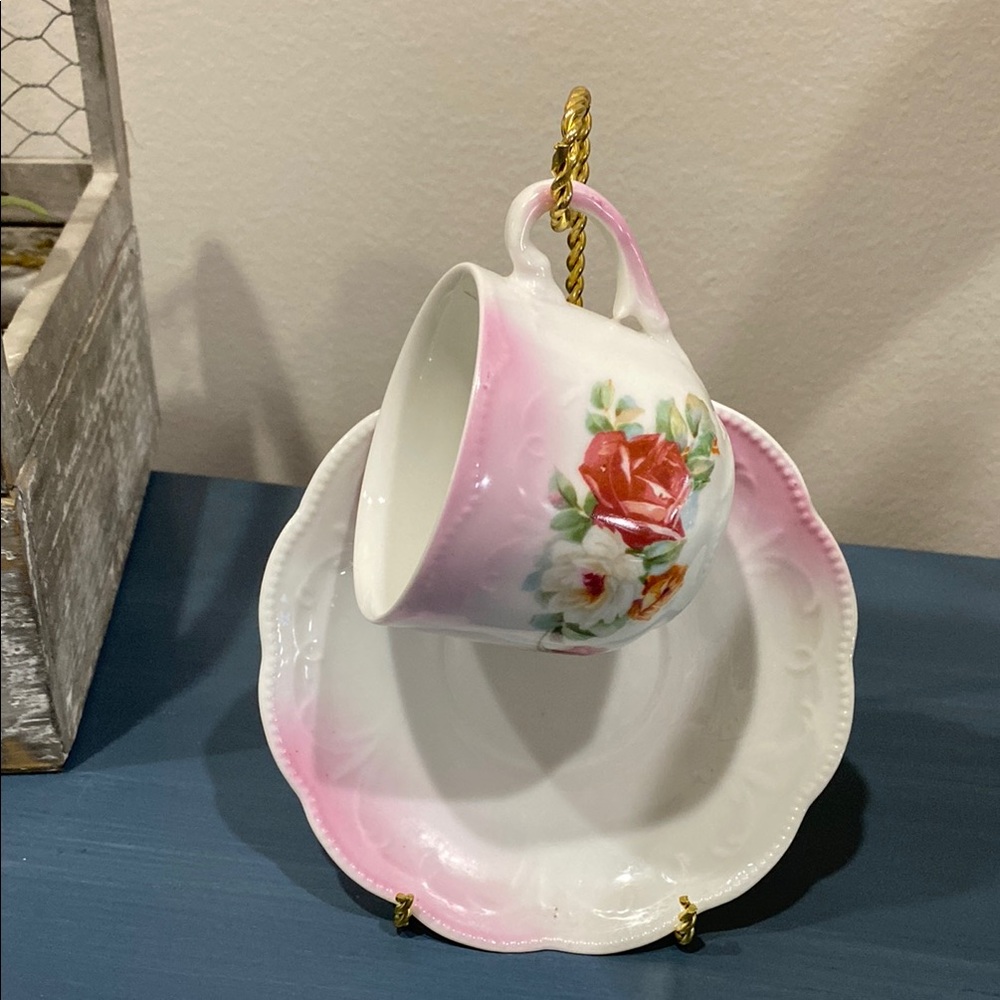 Antique Pink Rose Porcelain Teacup and Saucer Set!